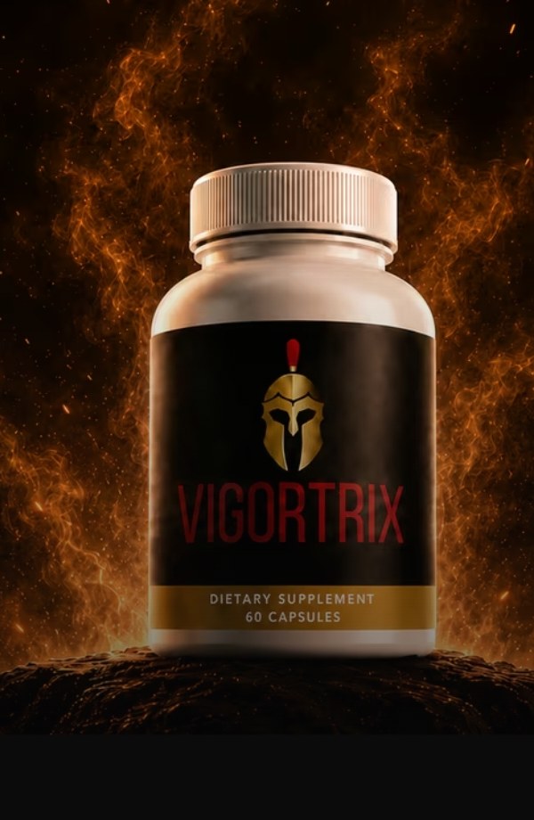 Vigortrix dietary supplement bottle with black label and gold Spartan helmet logo